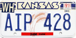1991 Kansas Farm Truck License Plate #AIP428