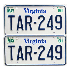 1991 Virginia License Plates Pair #TAR249