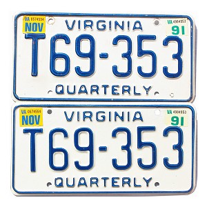 1991 Virginia Quarterly License Plates Pair #T69353
