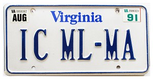 1991 Virginia Vanity License Plate #ICMLMA