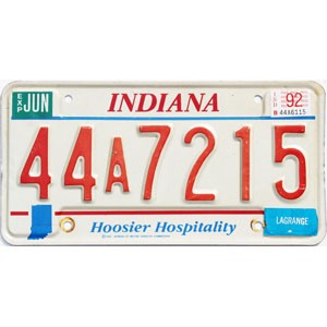 1992 Indiana License Plate #44A7215