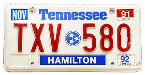1992 Tennessee License Plate #TXV580
