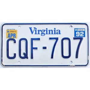 1992 Virginia License Plate #CQF707