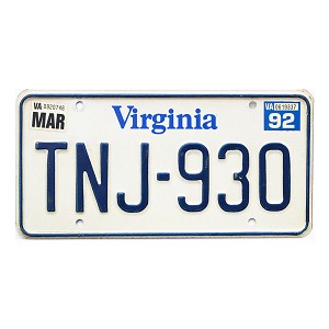 1992 Virginia License Plate #TNJ930