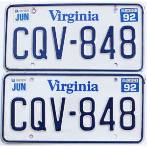 1992 Virginia License Plates Pair #CQV848