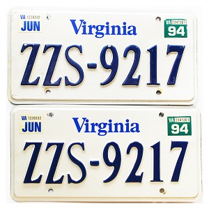 1994 Virginia License Plates Pair #ZZS9217