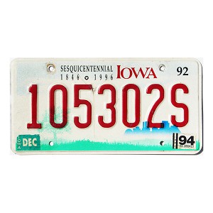 1994 Iowa Sesquicentennial License Plate #105302S