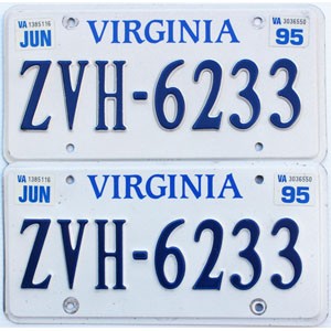 1995 Virginia License Plates Pair #ZVH6233