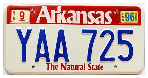 1996 Arkansas License Plate #YAA725