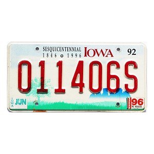 1996 Iowa Sesquicentennial License Plate #011406S