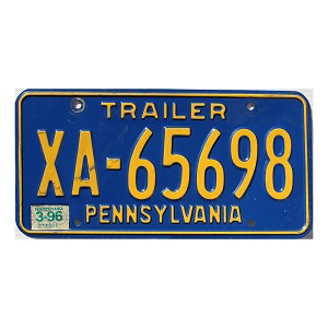 1996 Pennsylvania Trailer License Plate #XA65698