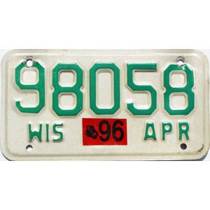 1996 Wisconsin Motorcycle License Plate #98058
