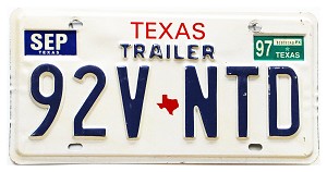 1997 Texas Trailer License Plate #92VNTD