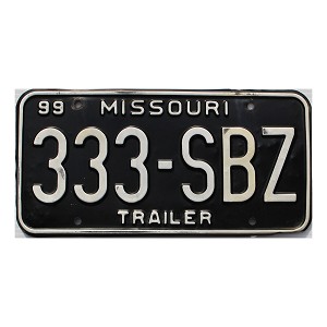 1999 Missouri Trailer License Plate #333SBZ