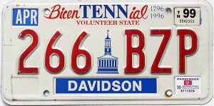1999 Tennessee Bicentennial License Plate #266BZP