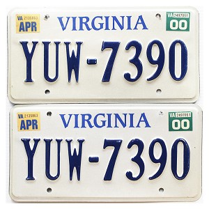 2000 Virginia License Plates Pair #YUW7390