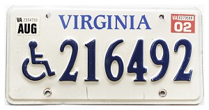 2002 Virginia Disabled License Plate #216492