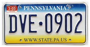 2003 Pennsylvania License Plate #DVE0902