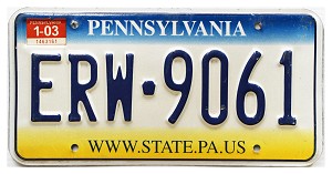 2003 Pennsylvania License Plate #ERW9061