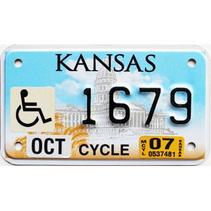 2007 Kansas Motorcycle Disabled License Plate #1679