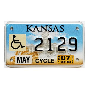 2007 Kansas Motorcycle Disabled License Plate #2129