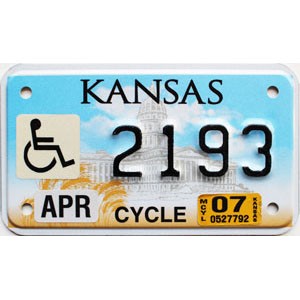2007 Kansas Motorcycle Disabled License Plate #2193