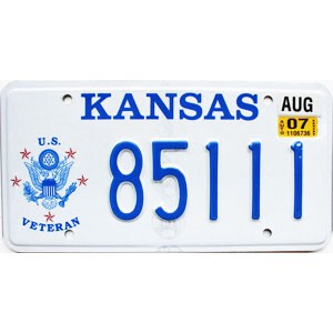 2007 Kansas Veteran License Plate #85111