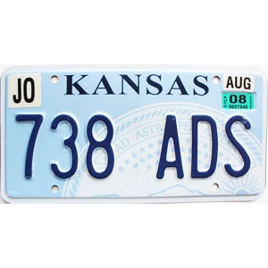 2008 Kansas License Plate #738ADS