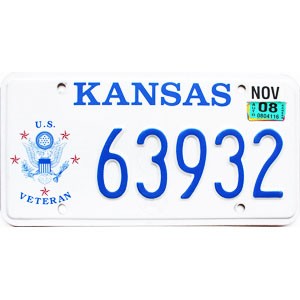 2008 Kansas Veteran License Plate #63932