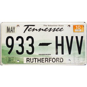 2010 Tennessee License Plate #933HVV
