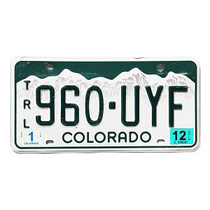 2012 Colorado Trailer License Plate #960UYF