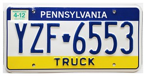 2012 Pennsylvania Truck License Plate #YZF6553