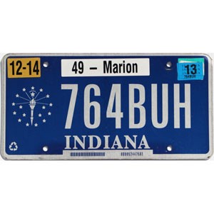 2013 Indiana License Plate #764BUH