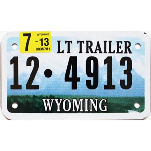 2013 Wyoming Light Trailer License Plate #124913