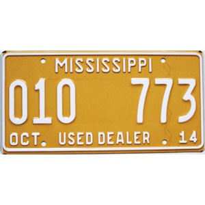 2014 Mississippi Used Dealer License Plate #010773