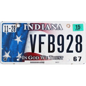 2015 Indiana License Plate #VFB928