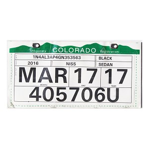 2017 Colorado Temp Tag License Plate #405706U
