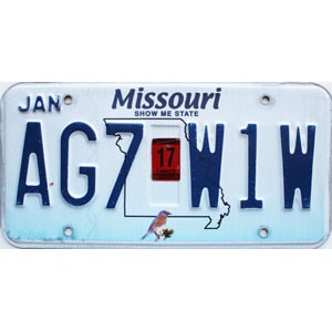 2017 Missouri License Plate #AG7W1W