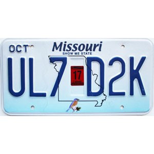 2017 Missouri License Plate #UL7D2K