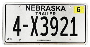 2017 Nebraska Trailer License Plate #4X3921