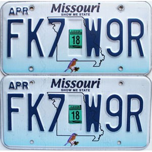 2018 Missouri License Plates Pair #FK7W9R