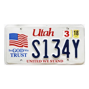 2018 Utah In God We Trust License Plate #S134Y