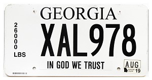 2019 Georgia Truck License Plate #XAL978