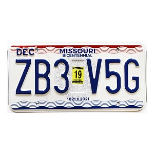 2019 Missouri License Plate #ZB3V5G