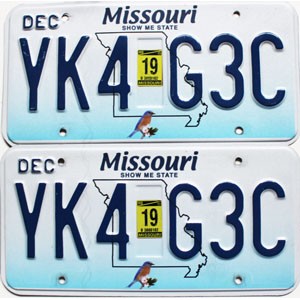 2019 Missouri License Plates Pair #YK4G3C