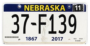2019 Nebraska License Plate #37F139