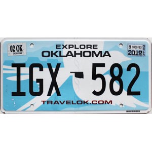 2019 Oklahoma License Plate #IGX582