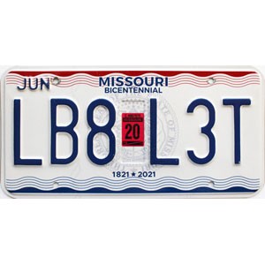 2020 Missouri License Plate #LB8L3T