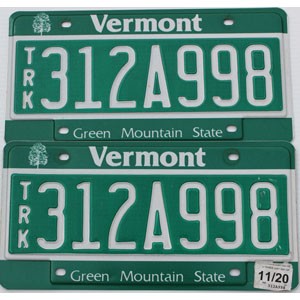 2020 Vermont Truck License Plates Pair #312A998