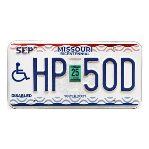 2025 Missouri Disabled License Plate #HP50D